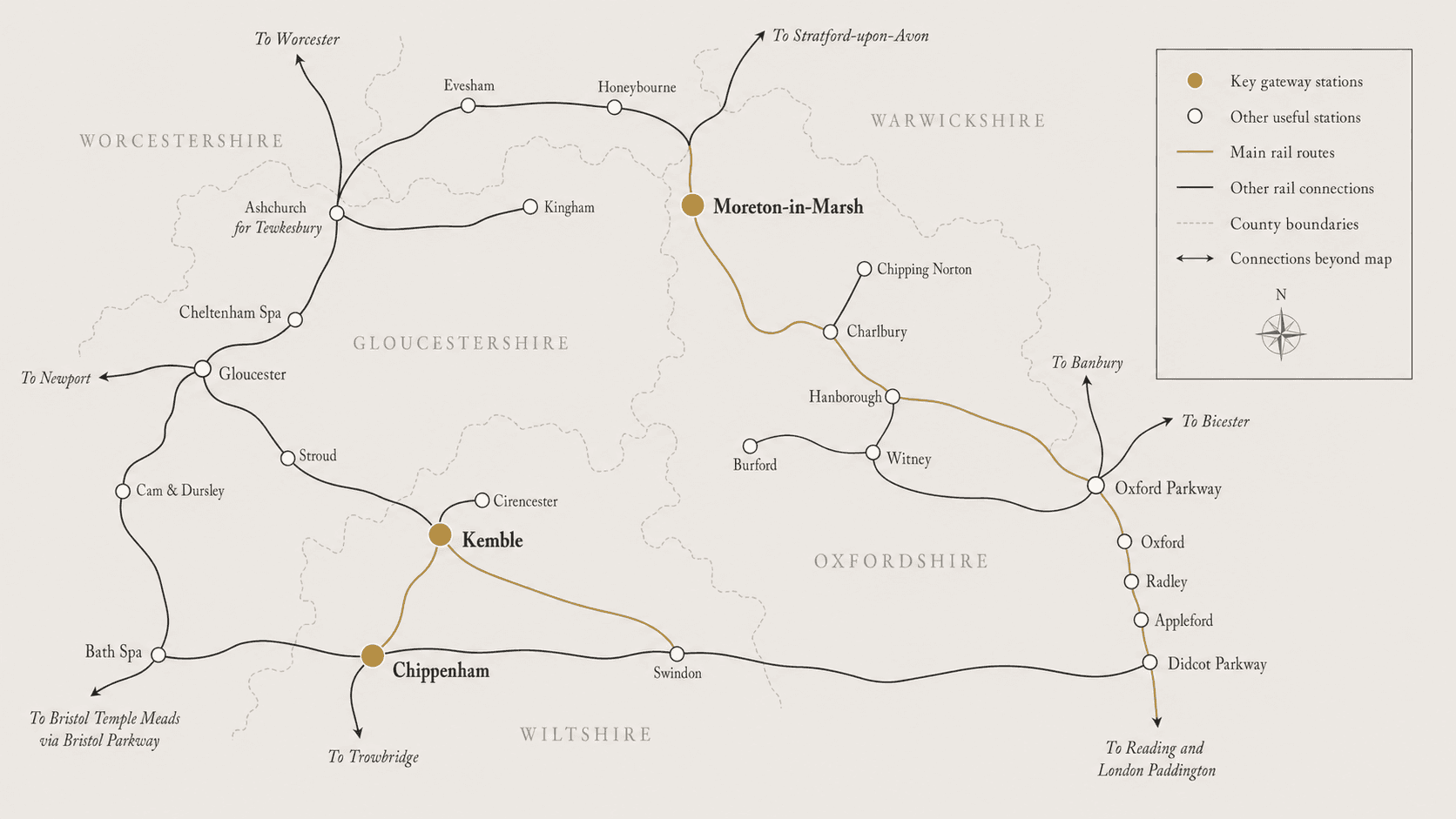 Map showing useful railway stations and public transport gateways in the Cotswolds