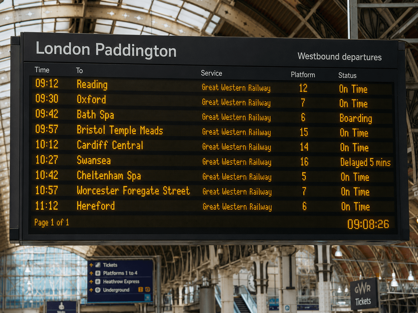 London Paddington station departure board showing westbound services