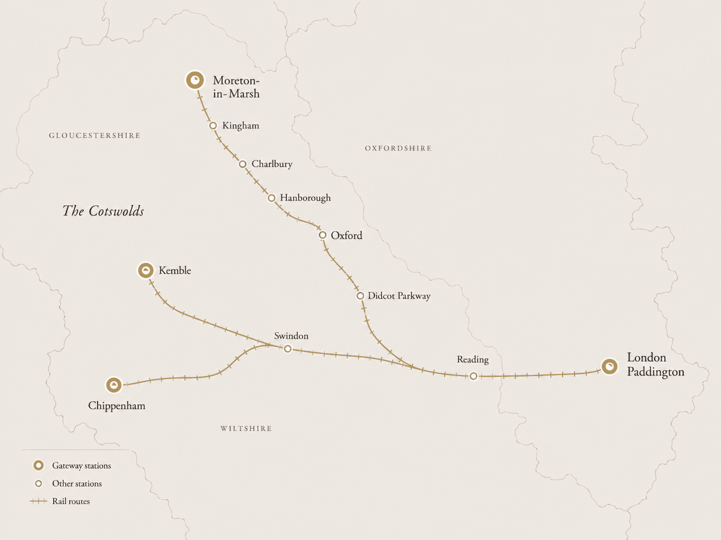 Map showing rail routes from London Paddington towards Cotswold gateway stations