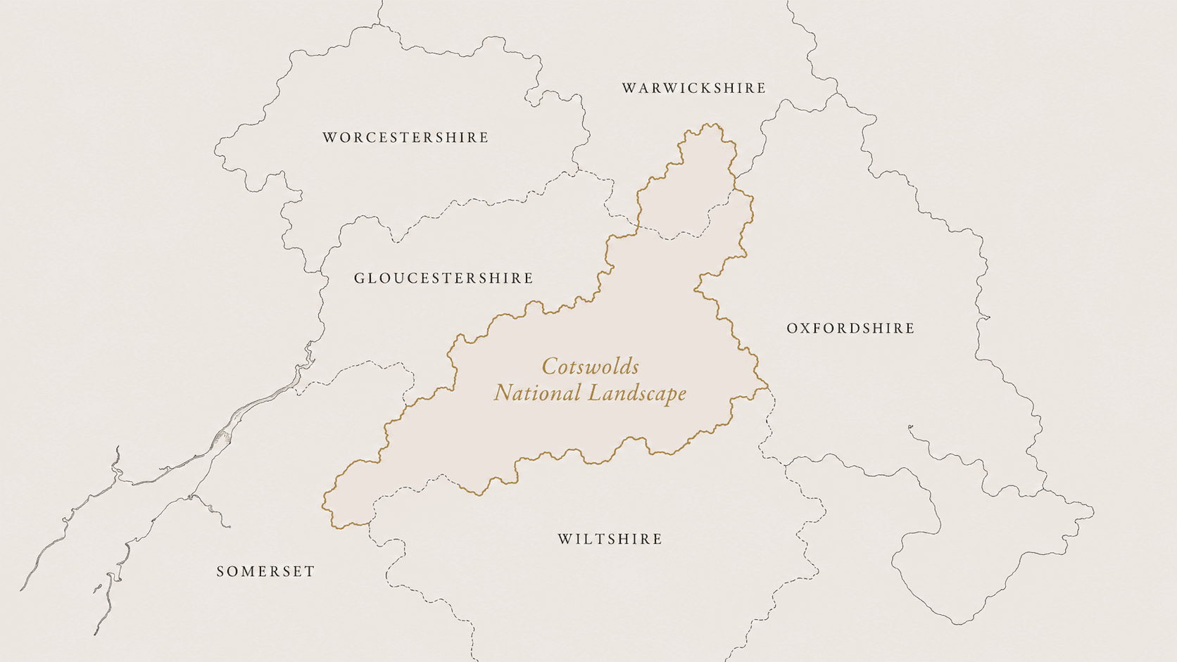 Map of the Cotswolds National Landscape boundary across six English counties