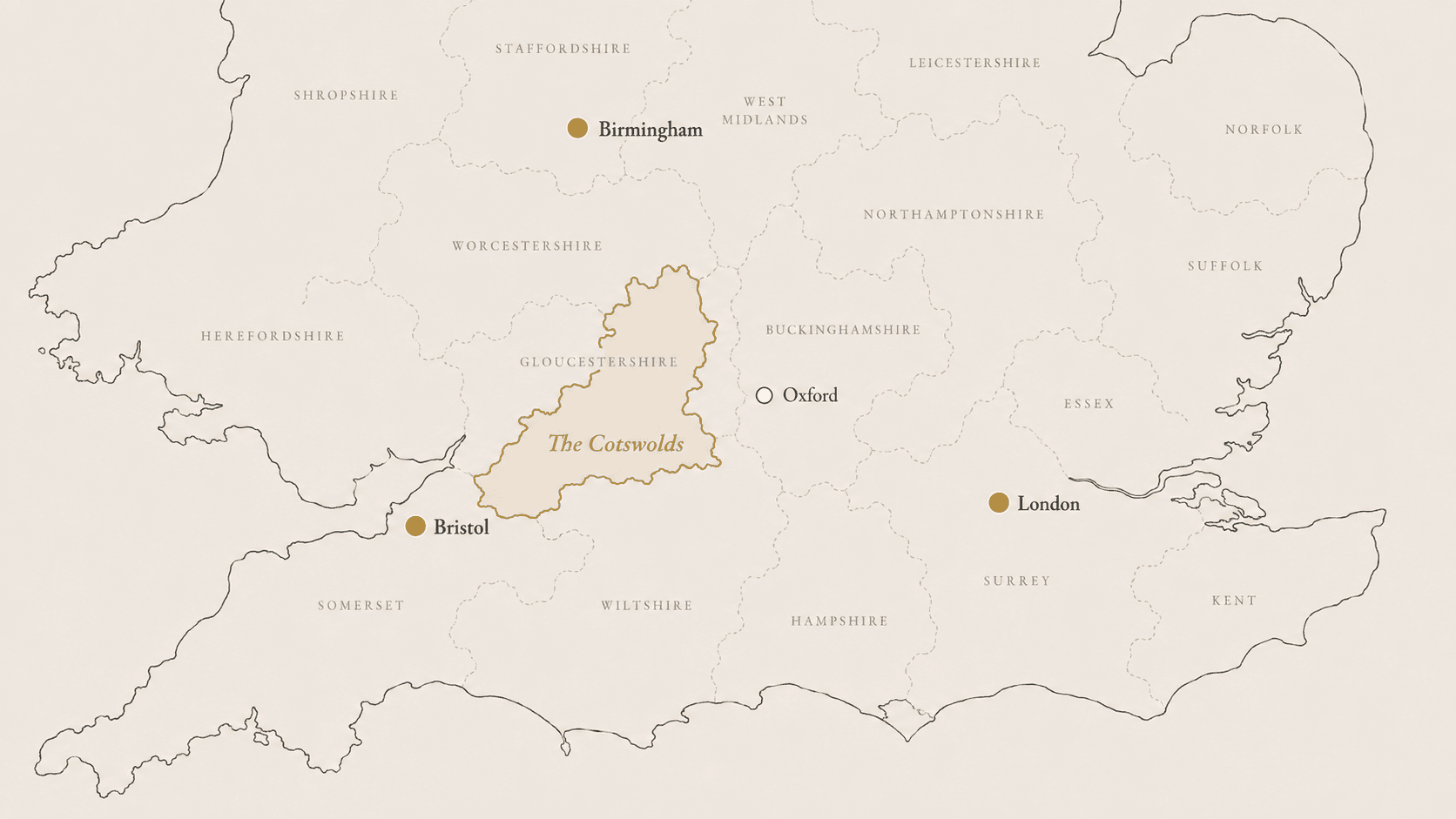 Map showing the Cotswolds in England, west of Oxford and north-east of Bristol